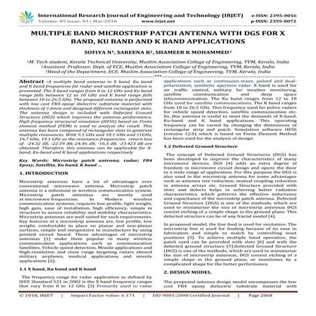 IRJET- Multiple Band Microstrip Patch Antenna with DGS for X Band, Ku Band an...