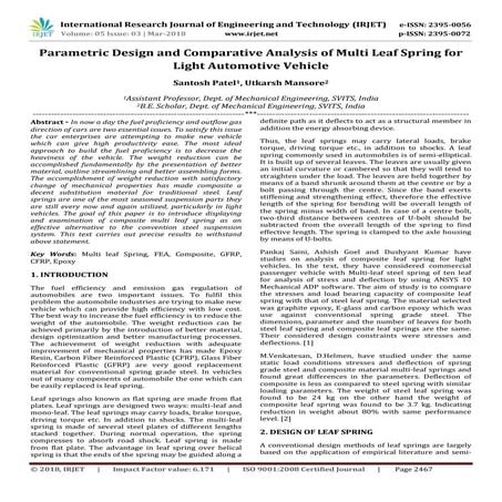 IRJET- Parametric Design and Comparative Analysis of Multi Leaf Spring for Li...
