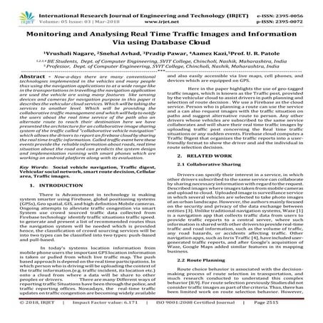 IRJET- Monitoring and Analysing Real Time Traffic Images and Information Via ...