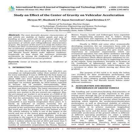 IRJET- Study on Effect of the Center of Gravity on Vehicular Acceleration