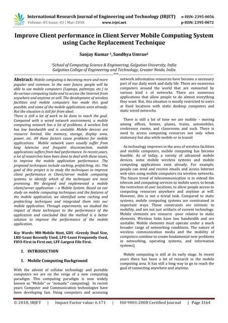 IRJET- Improve Client Performance in Client Server Mobile Computing System us...