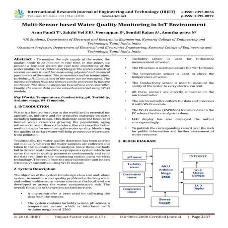 IRJET-  	  Multi-Sensor based Water Quality Monitoring in IoT Environment