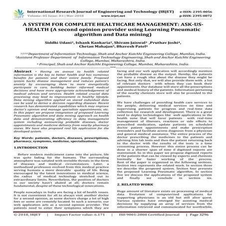 IRJET-  	  A System for Complete Healthcare Management: Ask-Us-Health A Secon...