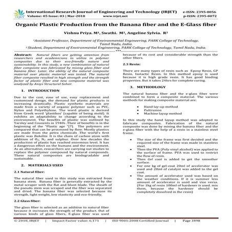 IRJET-  	  Organic Plastic Production from the Banana fiber and the E-Glass f...