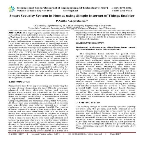 IRJET-  	  Smart Security System in Homes using Simple Internet of Things Ena...
