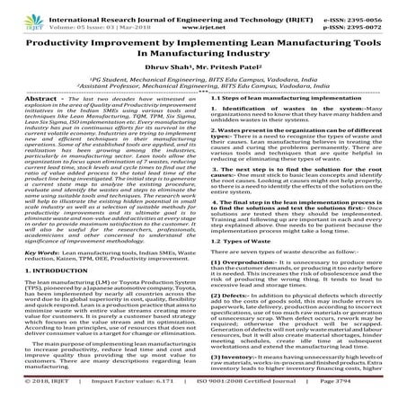 IRJET-  	  Productivity Improvement by Implementing Lean Manufacturing Tools ...