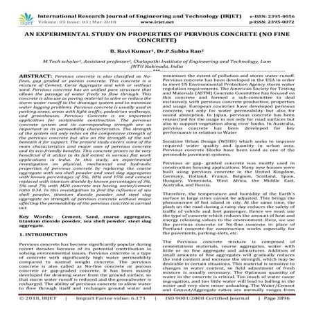 IRJET-  	  An Experimental Study on Properties of Pervious Concrete (No Fine ...