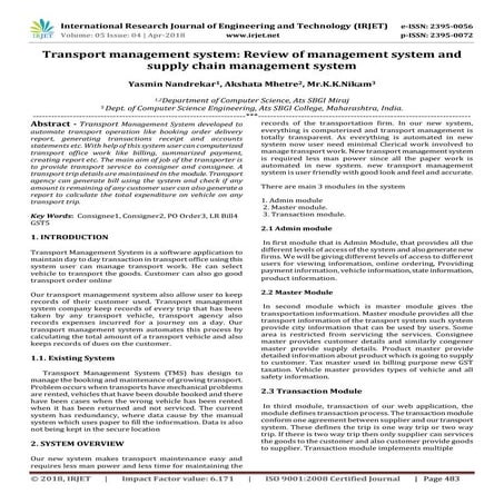 IRJET-  	  Transport Management System: Review of Management System and Suppl...