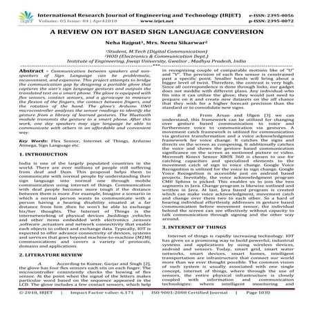 IRJET- A Review on Iot Based Sign Language Conversion | PDF