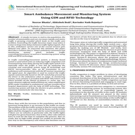 IRJET-  	  Smart Ambulance Movement and Monitoring System using GSM and RFID ...