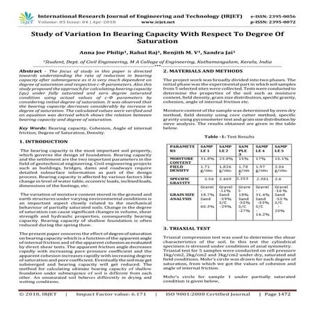 IRJET- Study of Variation in Bearing Capacity with Respect to Degree of Satur...