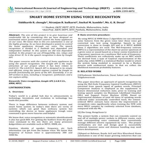 IRJET-  	  Smart Home System using Voice Recognition