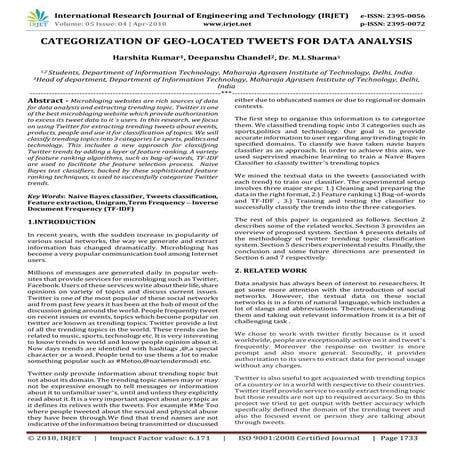 IRJET- Categorization of Geo-Located Tweets for Data Analysis