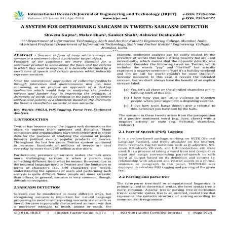 IRJET-  	  A System for Determining Sarcasm in Tweets: Sarcasm Detector