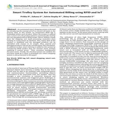 IRJET-  	  Smart Trolley System for Automated Billing using RFID and IoT