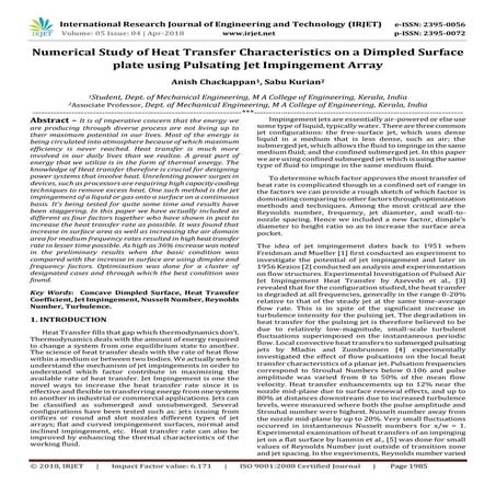 IRJET- Numerical Study of Heat Transfer Characteristics on a Dimpled Surface ...