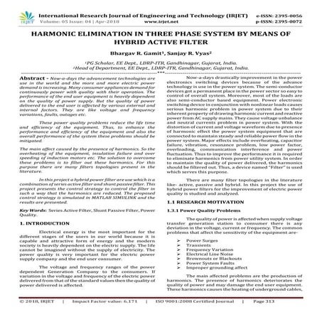 IRJET- Harmonic Elimination in Three Phase System by Means of Hybrid Active F...