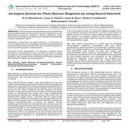 IRJET- An Expert System for Plant Disease Diagnosis by using Neural Network
