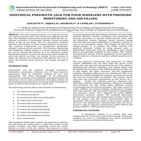 IRJET-  	  Individual Pneumatic Jack for Four Wheelers with Pressure Monitori...