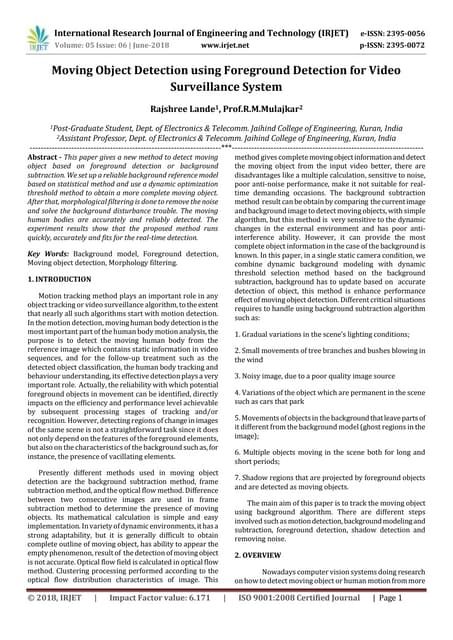 IRJET- 	 Moving Object Detection using Foreground Detection for Video Surveil...