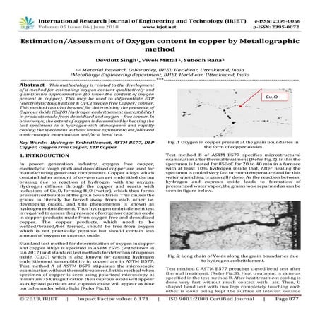 IRJET-Estimation/Assessment of Oxygen Content in Copper by Metallographic Method