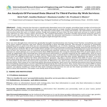 IRJET- An Analysis of Personal Data Shared to Third Parties by Web Services