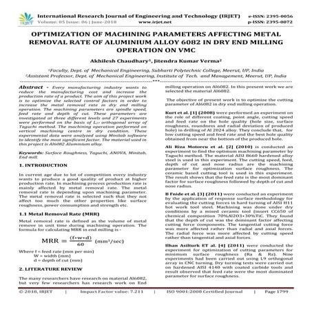 IRJET-Optimization of Machining Parameters Affecting Metal Removal Rate of Al...