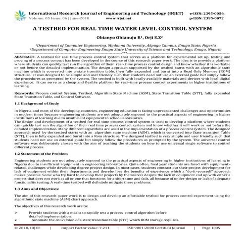 IRJET- 	  A Testbed for Real Time Water Level Control System