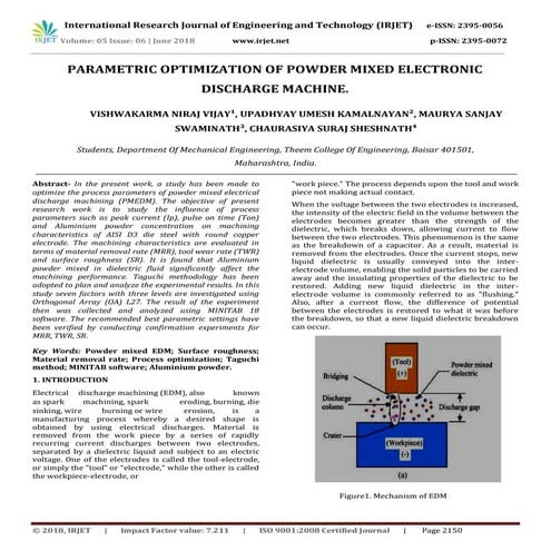 IRJET-	 Parametric Optimization of Powder Mixed Electronic Discharge Machine.