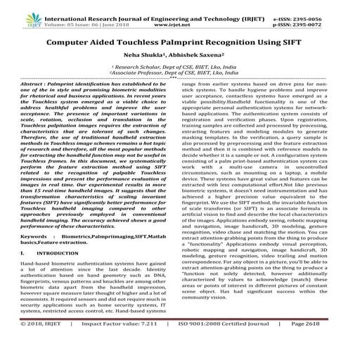 IRJET-Computer Aided Touchless Palmprint Recognition Using Sift