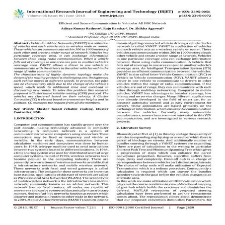 IRJET-	 Efficient and Secure Communication In Vehicular AD HOC Network