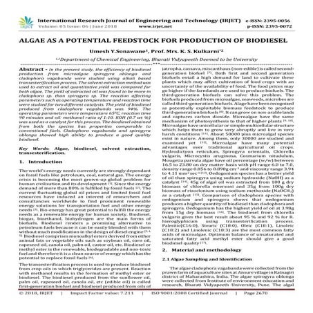IRJET-Algae as a Potential Feedstock for Production of Biodiesel