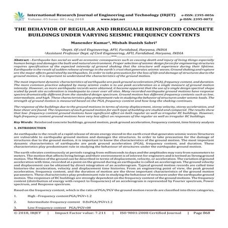 IRJET- The Behavior of Regular and Irregualr Reinforced Concrete Buildings Un...