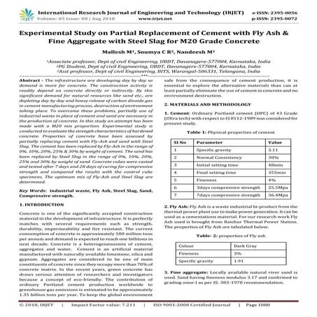 IRJET- Experimental Study on Partial Replacement of Cement with Fly Ash ...
