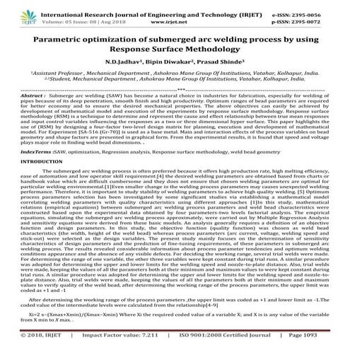IRJET- Parametric Optimisation of Submerged ARC Welding Process by using Resp...