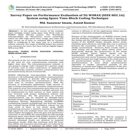 IRJET- Survey Paper on Performance Evaluation of 5G WiMAX (IEEE 802.16) Syste...