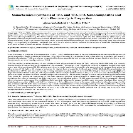 IRJET- Sonochemical Synthesis of Tio2 and Tio2-Sio2 Nanocomposites and their ...
