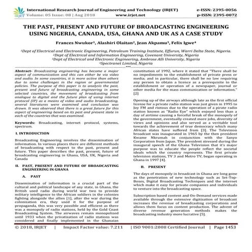 IRJET- The Past, Present and Future of Broadcasting Engineering using Nigeria...