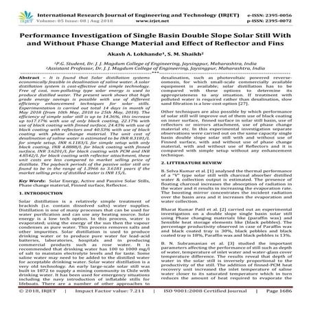 IRJET- Performance Investigation of Single Basin Double Slope Solar Still wit...