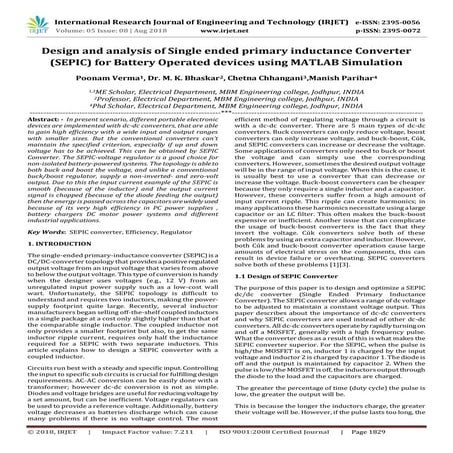 IRJET- Design and Analysis of Single Ended Primary Inductance Converter (SEPI...