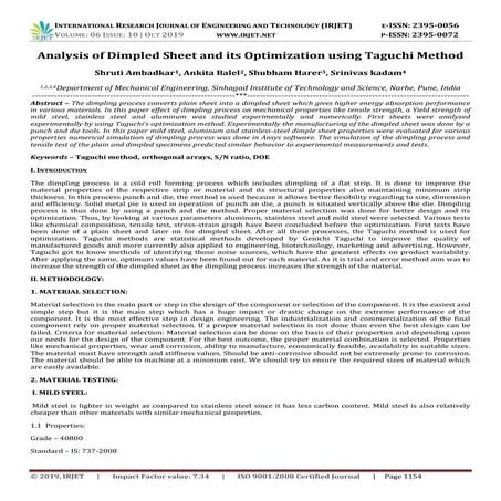 IRJET- Analysis of Dimpled Sheet and its Optimization using Taguchi Method