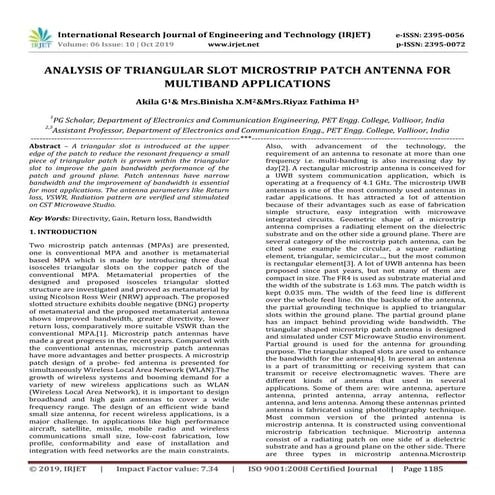 IRJET-  	  Analysis of Triangular Slot Microstrip Patch Antenna for Multiband...