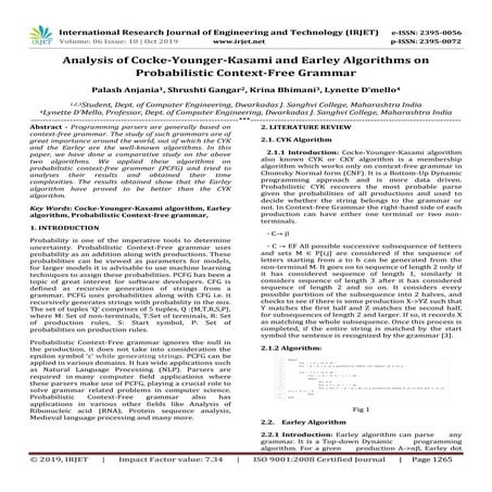 IRJET- Analysis of Cocke-Younger-Kasami and Earley Algorithms on Probabilisti...