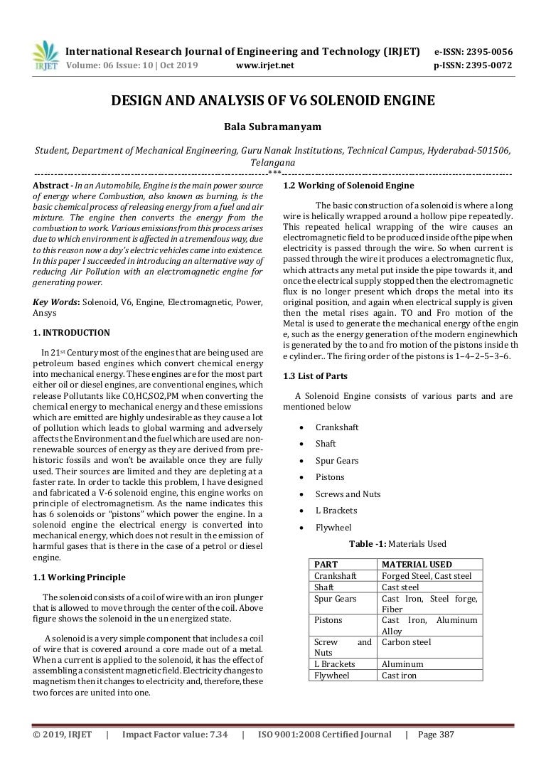 Irjet Design And Analysis Of V6 Solenoid Engine