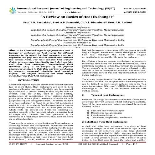 IRJET-  	  A Review on Basics of Heat Exchanger