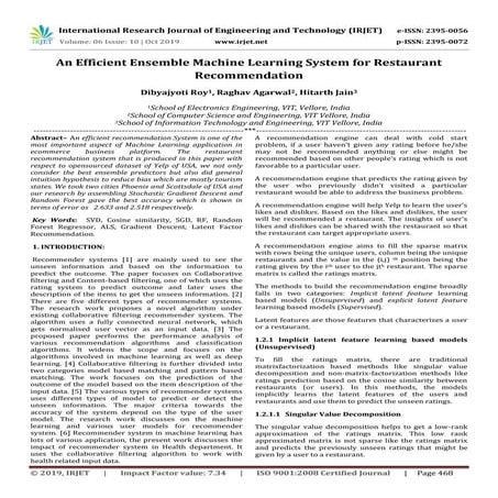 IRJET-  	  An Efficient Ensemble Machine Learning System for Restaurant Recom...