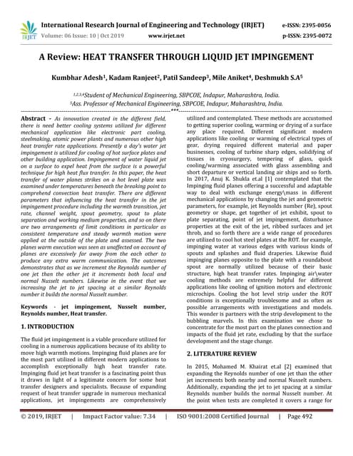 IRJET- A Review: Heat Transfer through Liquid Jet Impingement
