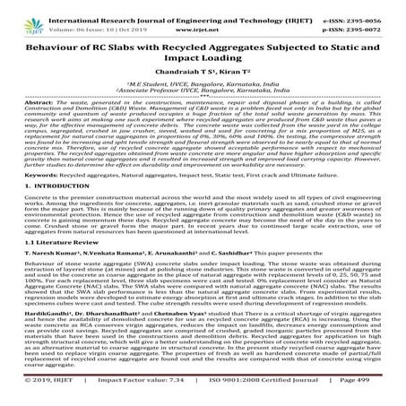 IRJET- Behaviour of RC Slabs with Recycled Aggregates Subjected to Static and...