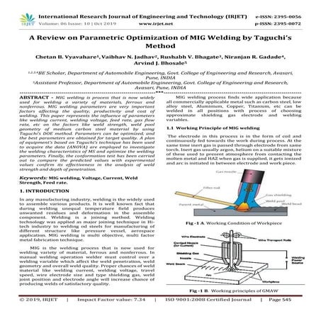 IRJET-  	  A Review on Parametric Optimization of MIG Welding by Taguchi’s Me...