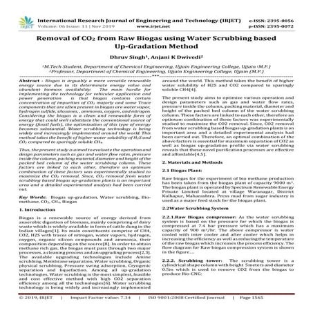 IRJET- Removal of CO2 from Raw Biogas using Water Scrubbing based Up-Gradatio...